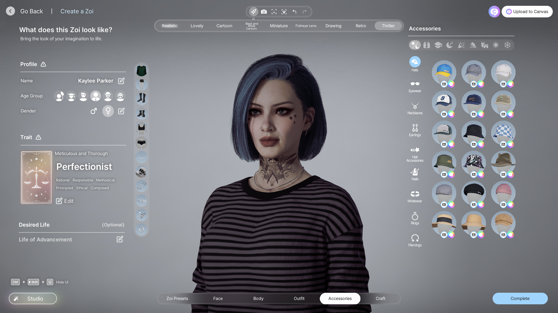 InZOI create-a-zoi screenshot showing the character creator and a selection of headwear
