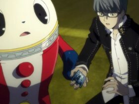 A screenshot from an animated cutscene in Persona 4 Golden, showing Teddie and protagonist Yu Narukami stood looking surprised.