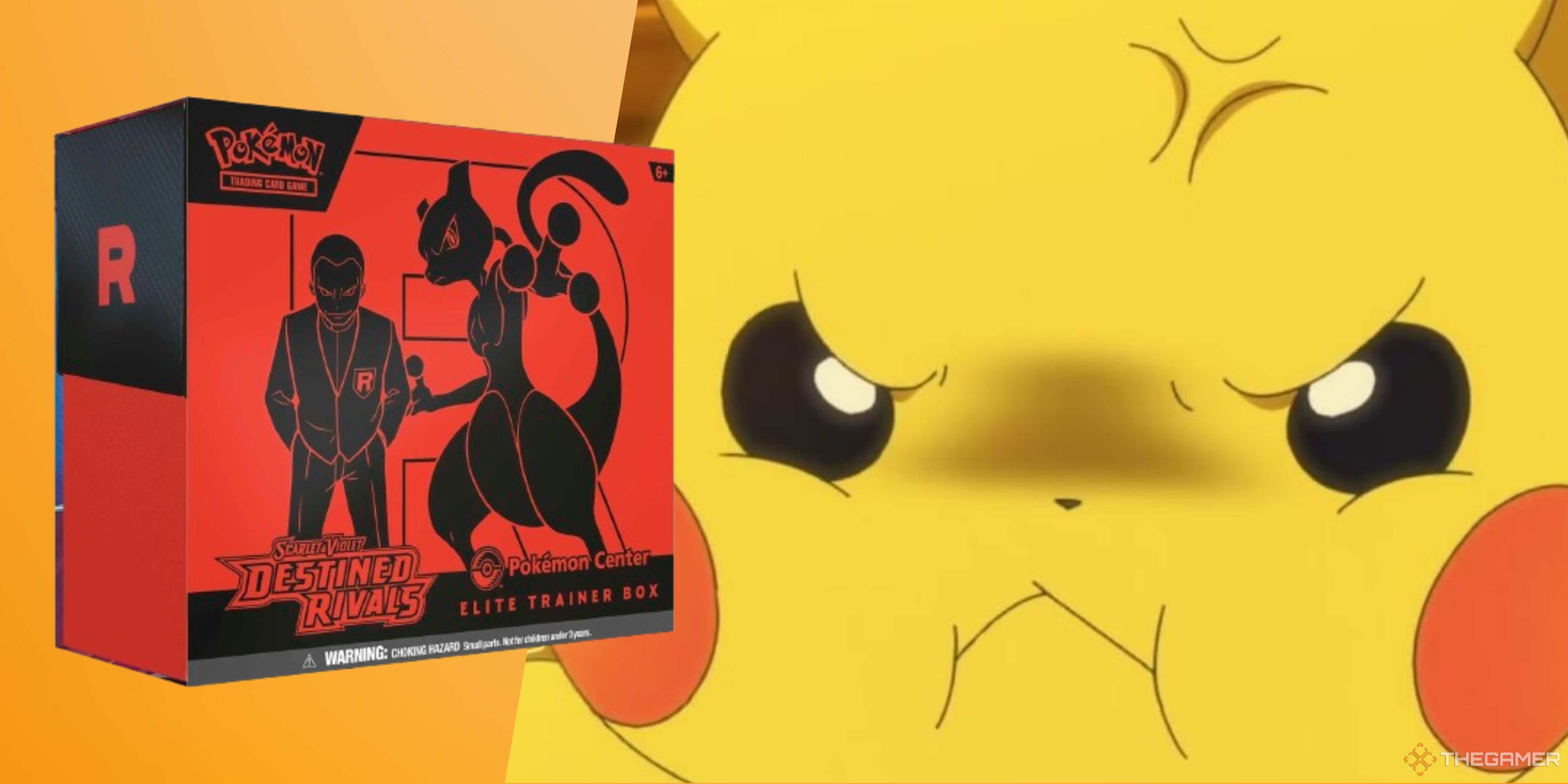 close up of an angry pikachu next to a pokemon tcg destined rivals etb.