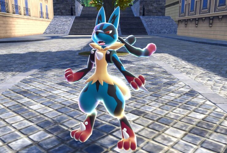 Pokemon Legends: Z-A screenshot of a Mega Lucario standing in a street.