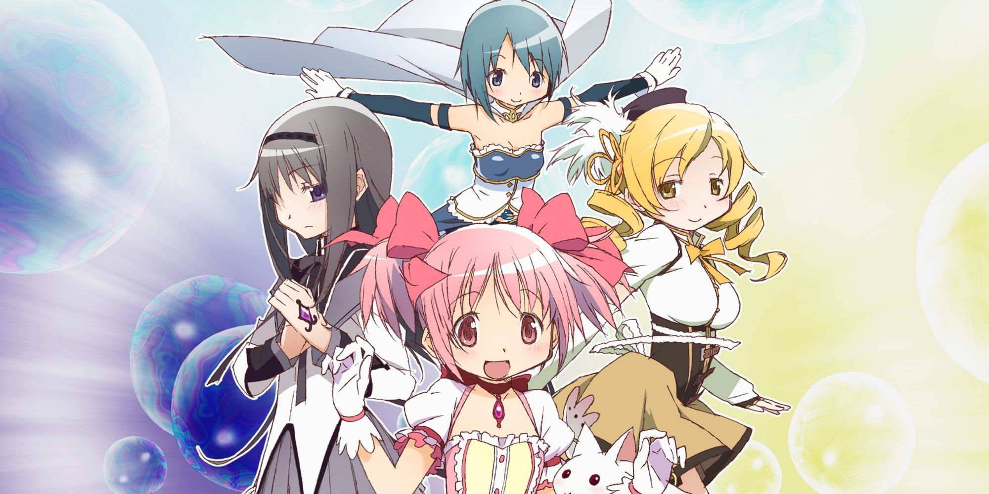 Madoka, Homura, Mami, and Sayaka and Kyubey from Puella Magi Madoka Magica