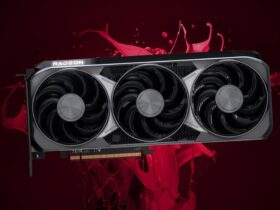 AMD Radeon RX 9070 XT graphics card with red liquid splashing in backdrop