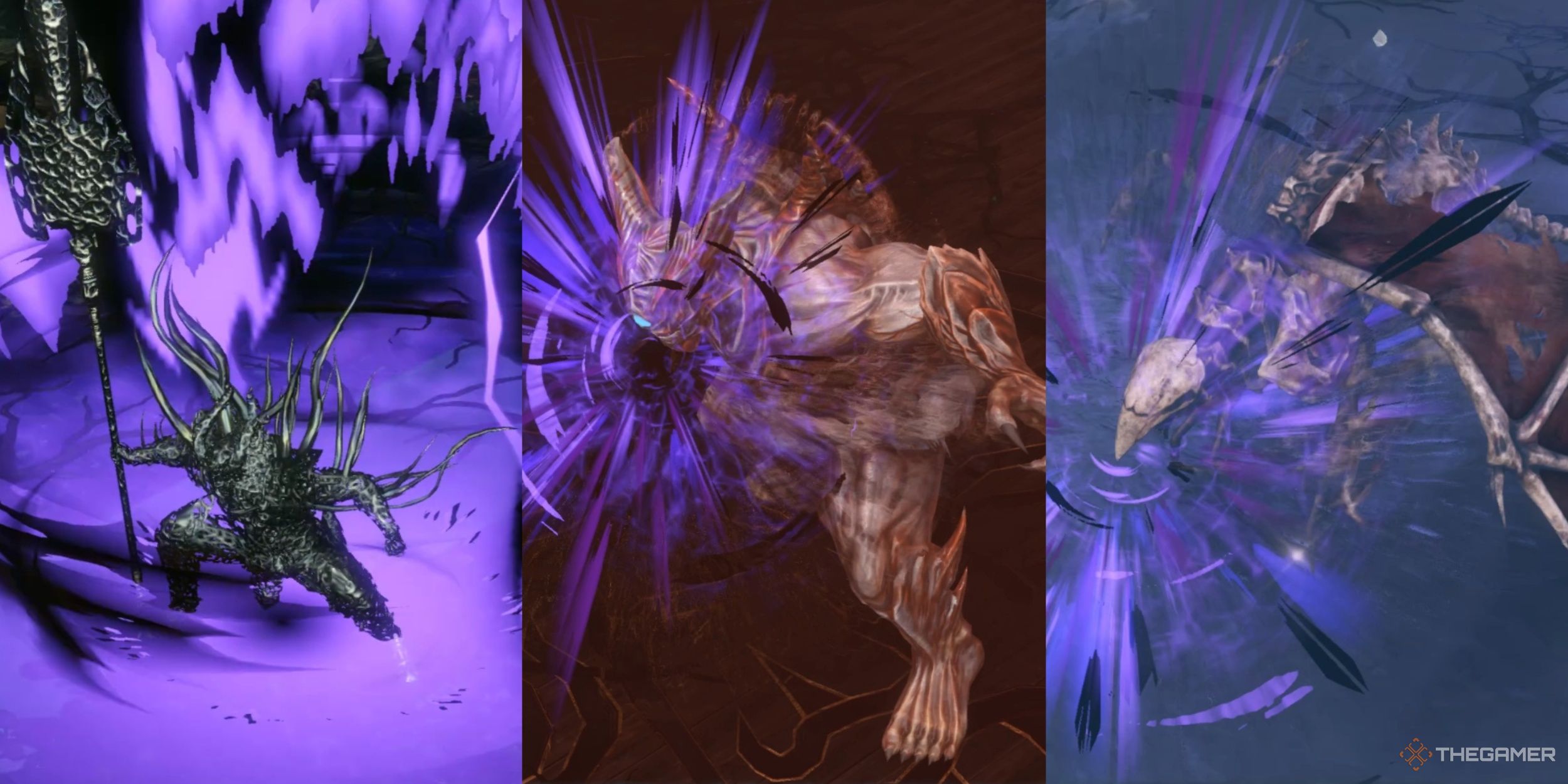 A collage of images showcasing the Veteran Warrior, Onigashira, and Magadori bosses from Warriors: Abyss.