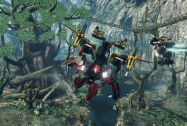 Two Skells flying around a lush green area in Xenoblade Chronicles X: Definitive Edition.