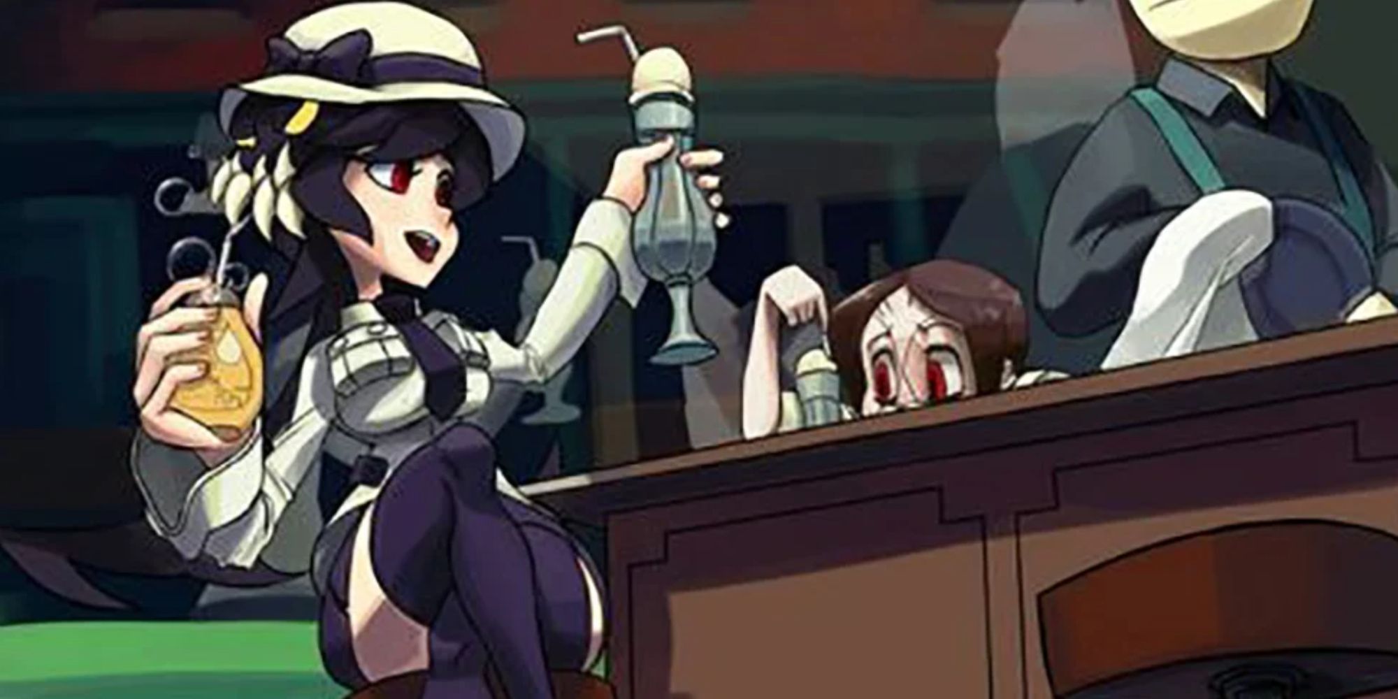 Filia Medici from Skullgirls 2nd Encore has a drink at a bar.