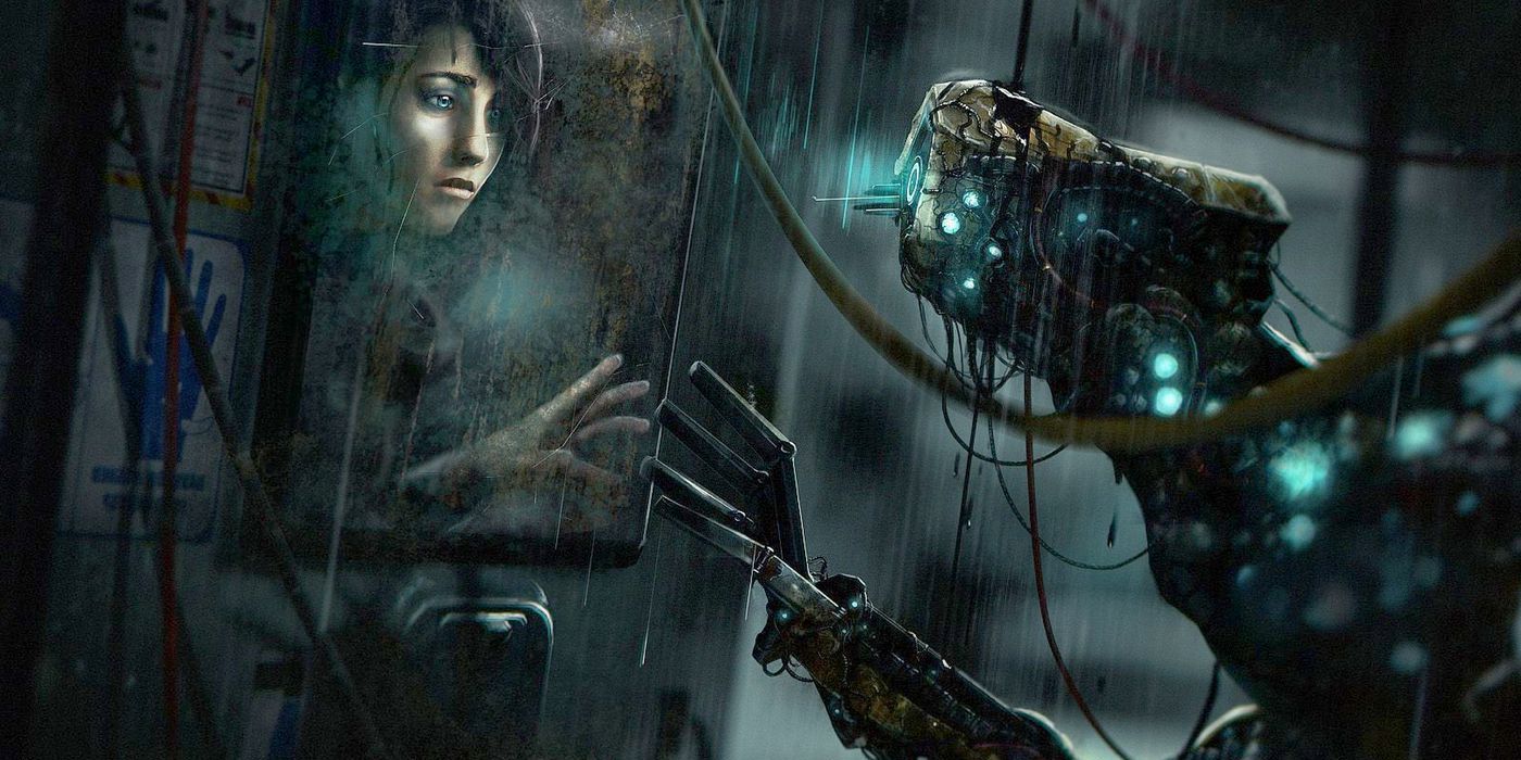 Catherine and a robot looking through a mirror In Soma.