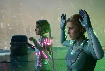 The two characters in Split Fiction holding their hands up in surrender in a futuristic city