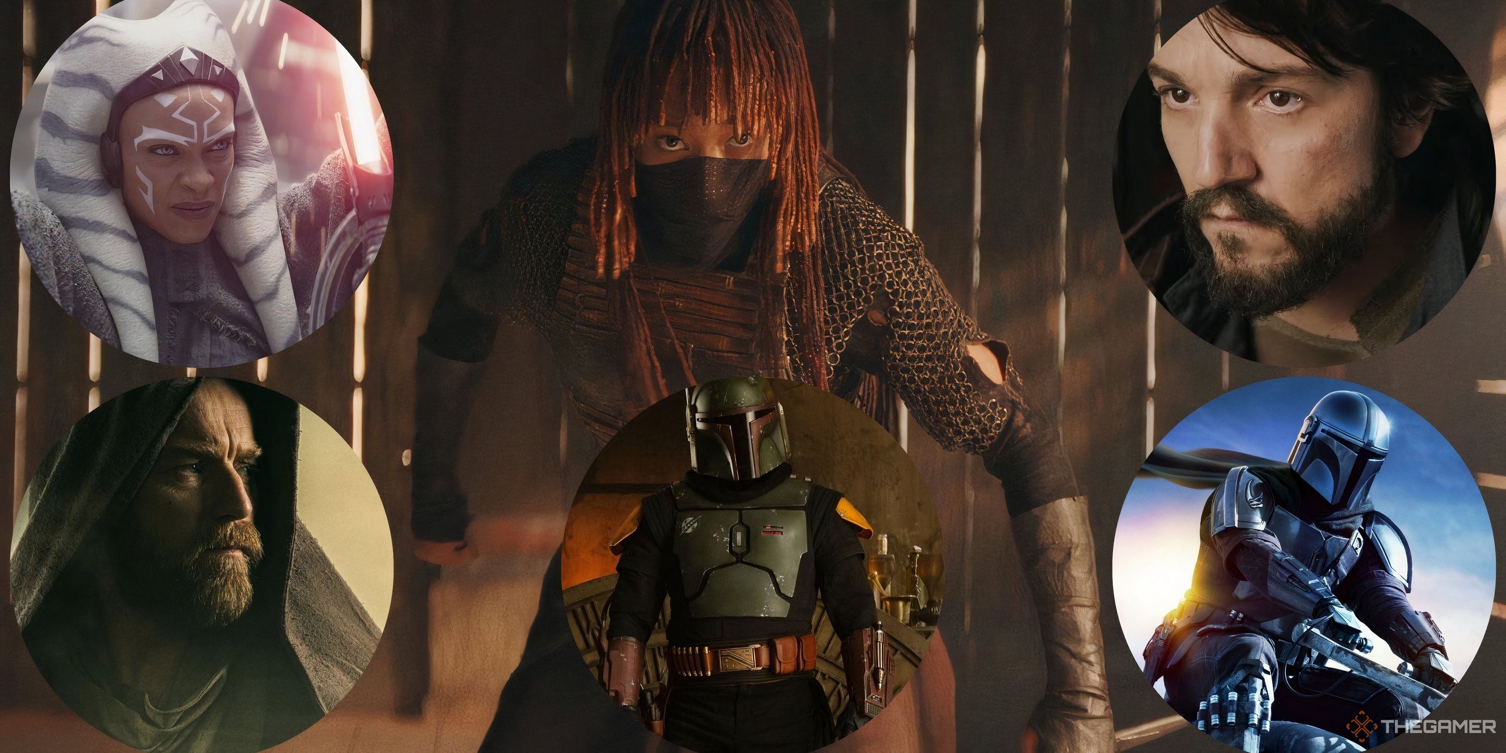 Star Wars Every Live-Action Show New Feature Image - Ahsoka, Obi-Wan Kenobi, Andor, Boba Fett, And Mando In Circles With Mae From The Acolyte As The Main Background