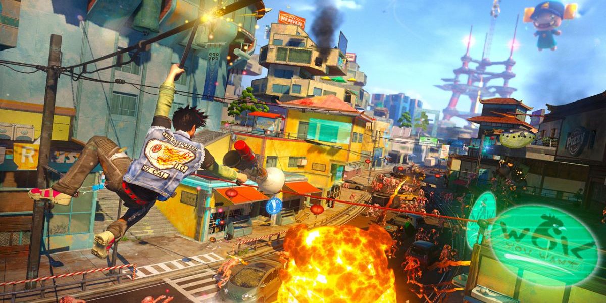 Sunset Overdrive screenshot of a guy ziplining while shooting, and there are explosions underneath him.