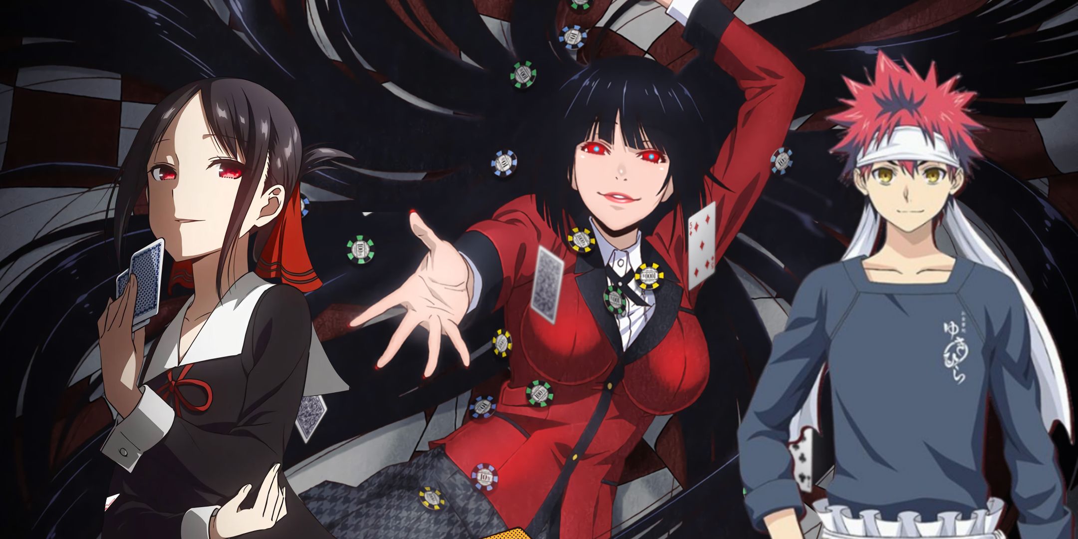 A split image showing Kaguya, Yumeko, and Soma.