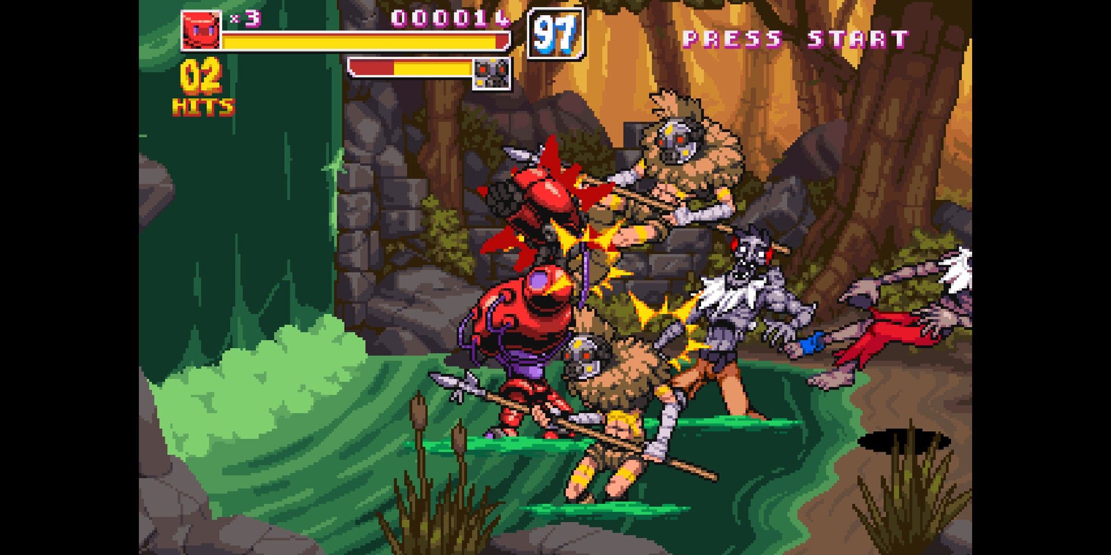 Robot fighting enemies at the base of a green waterfall in Vengeance Hunters.