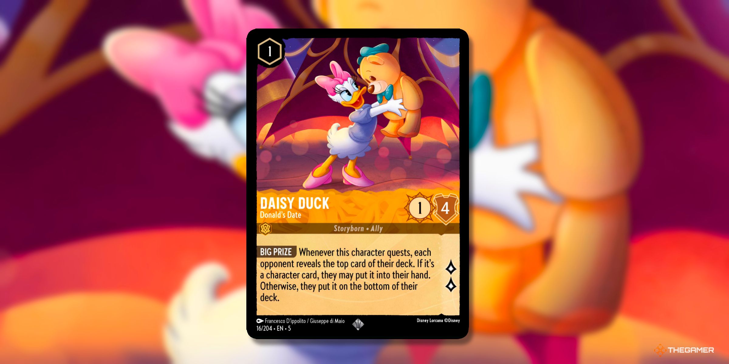 Daisy Duck, Donald's Date Character Card From The Set Shimmering Skies From Disney Lorcana.