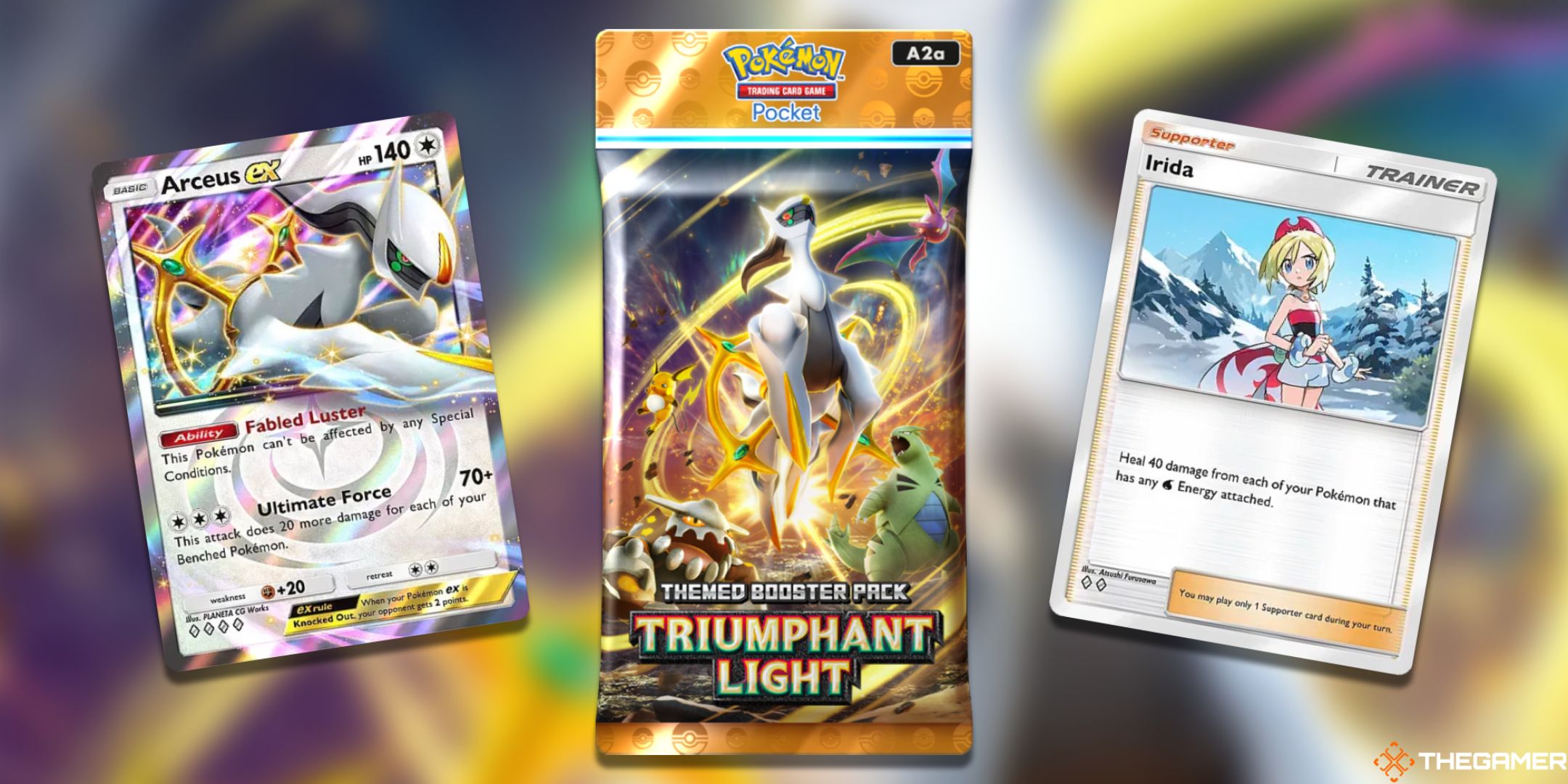 A pack of Pokemon TCG Pocket Triumphant Light surrounded by powerful cards including Arceus ex and Irida.