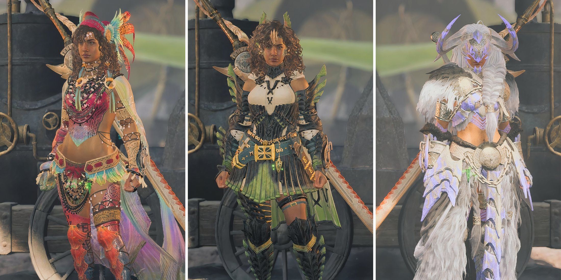 A grid showing three of the armors in Monster Hunter Wilds