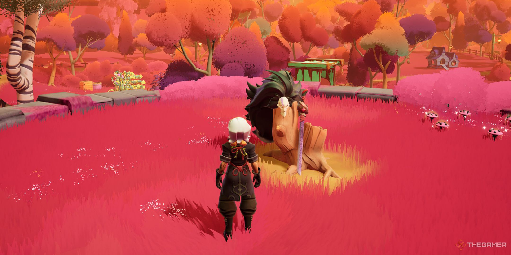 Alta looking at her sword and Ren's mask on the tree stump in Wanderstop.