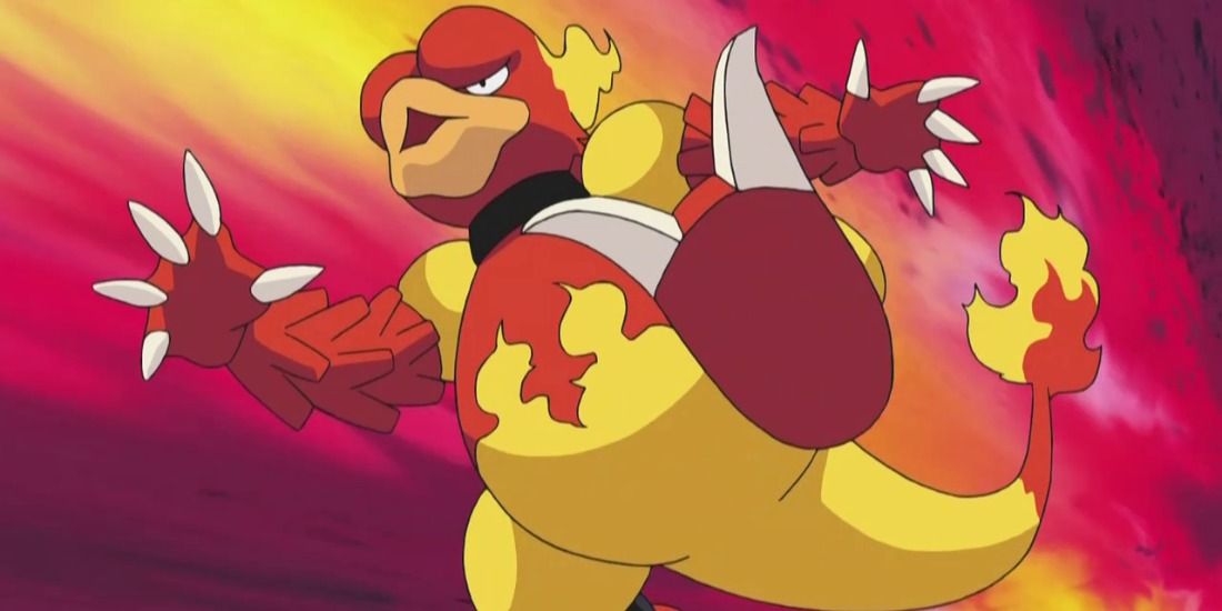 Magmar jumping forward aggressively the Pokemon anime.