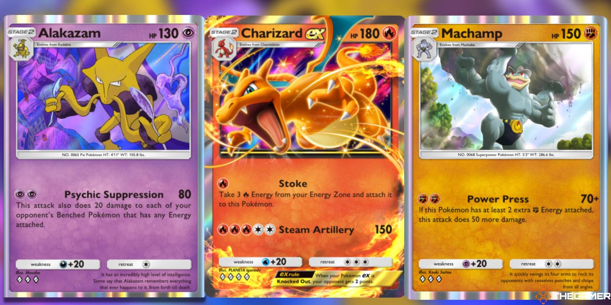 Alakazam, Charizard, and Machamp in Pokemon Pocket.