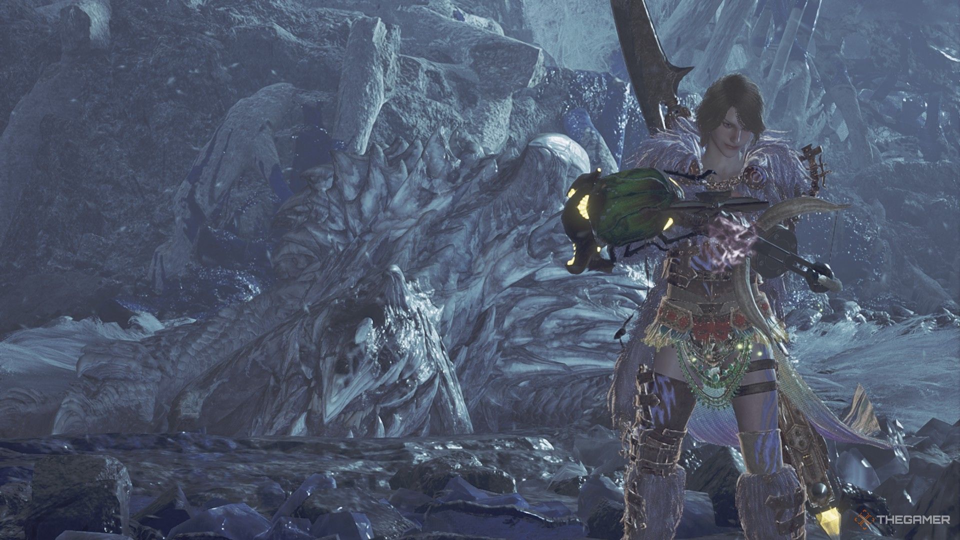 The Hunter standing in front of a slain monster in Monster Hunter Wilds