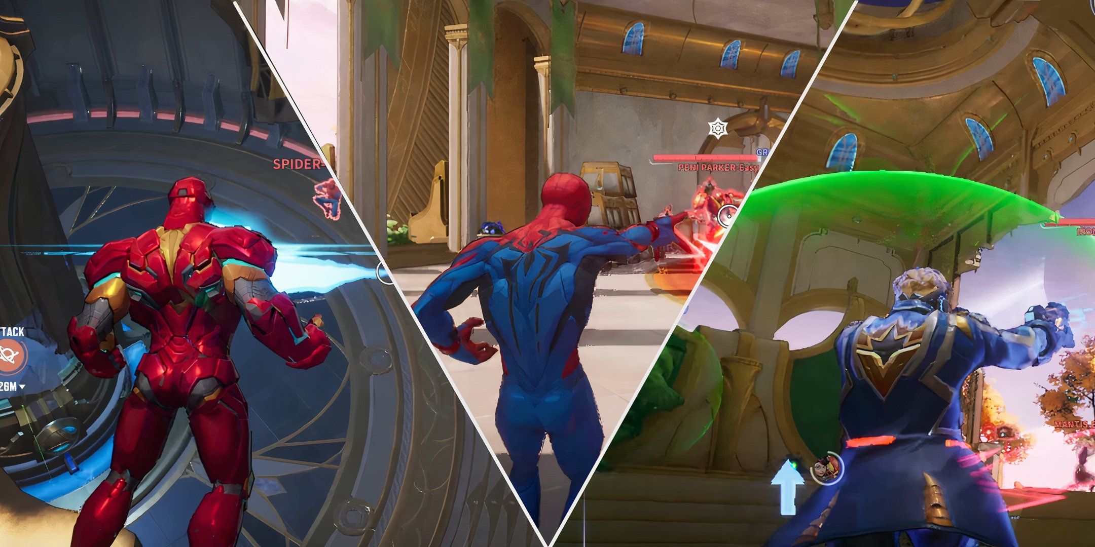 A split image showing Iron Man, Spider Man and Star-Lord using their abilities on opponents in Marvel Rivals.