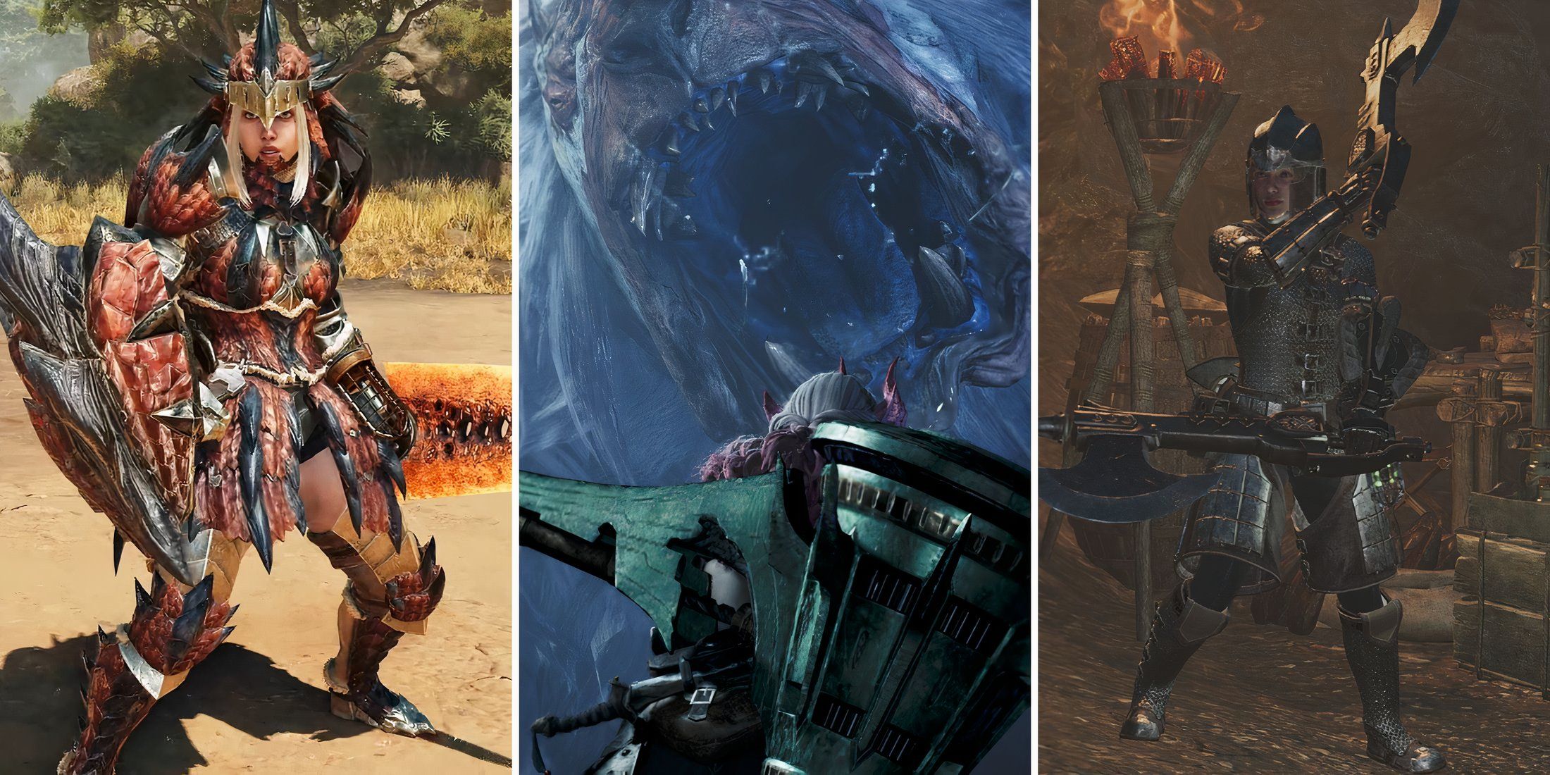A grid showing three weapons in Monster Hunter Wilds
