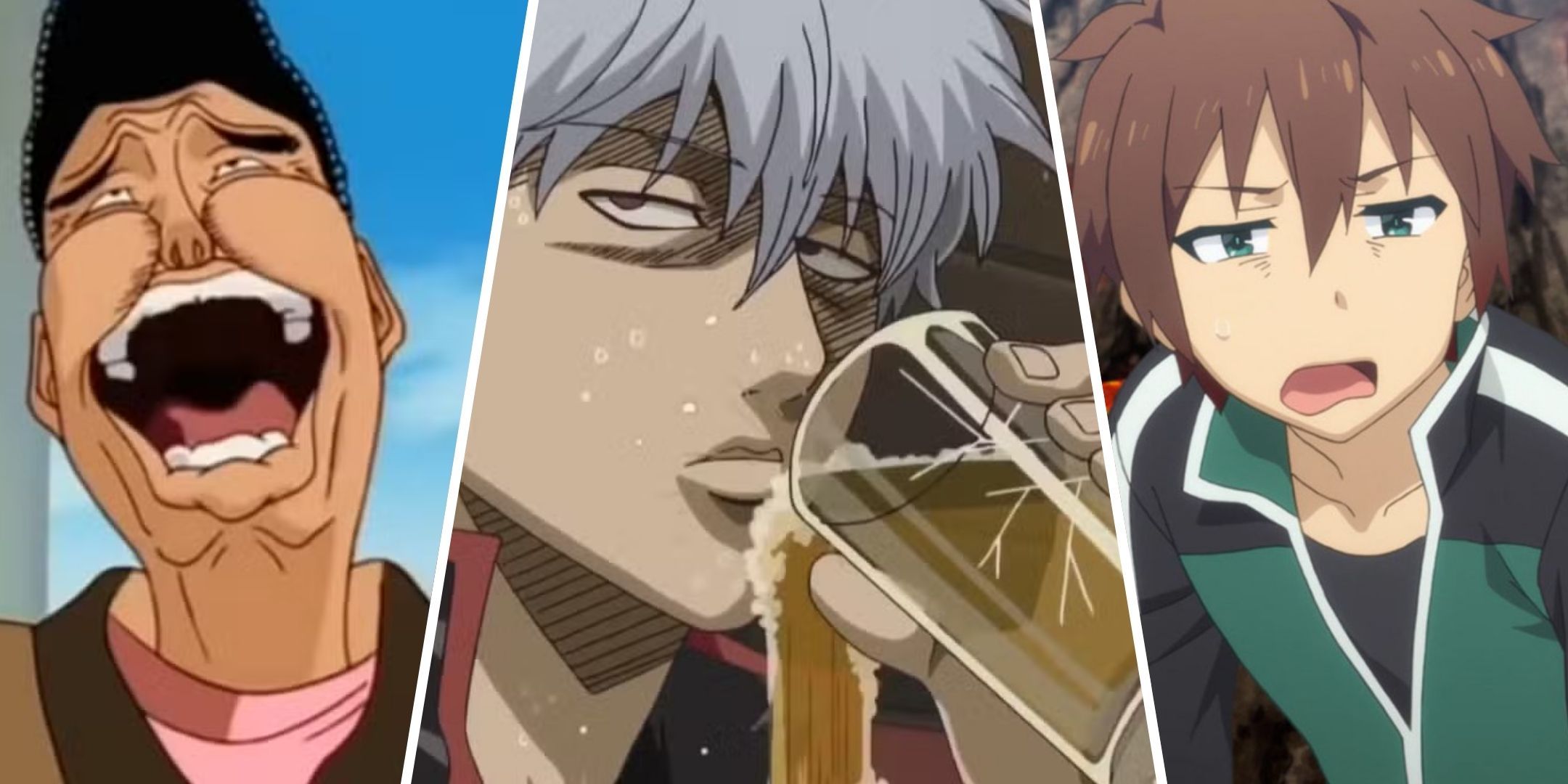 Featured image of the article 8 Funniest Anime Characters, Ranked showing Takamura, Gintoki, and Kazuma.