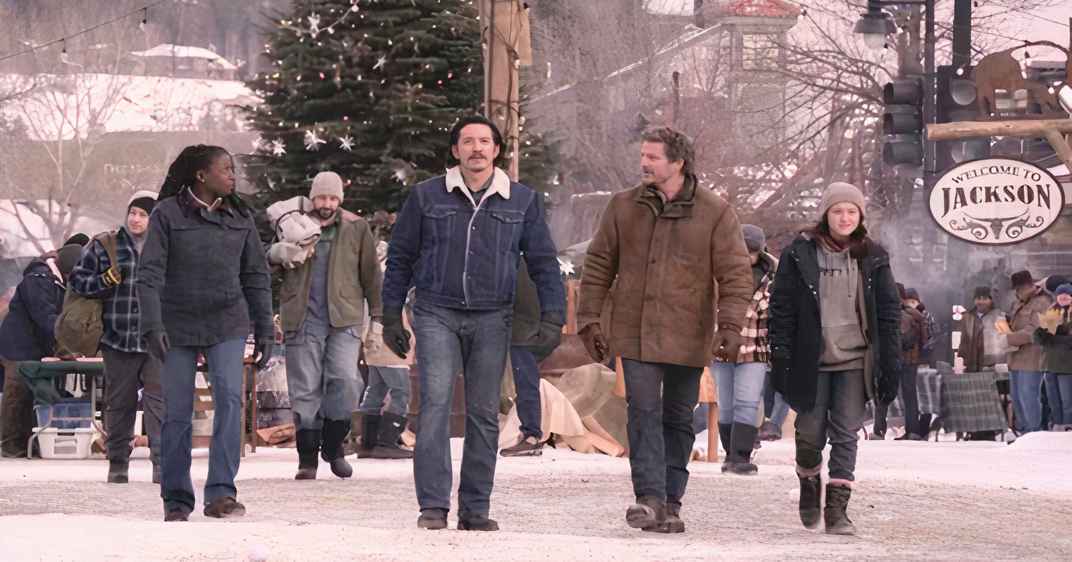 Joel, Ellie, Tommy and Maria walking through Jackson in The Last of Us season 2 