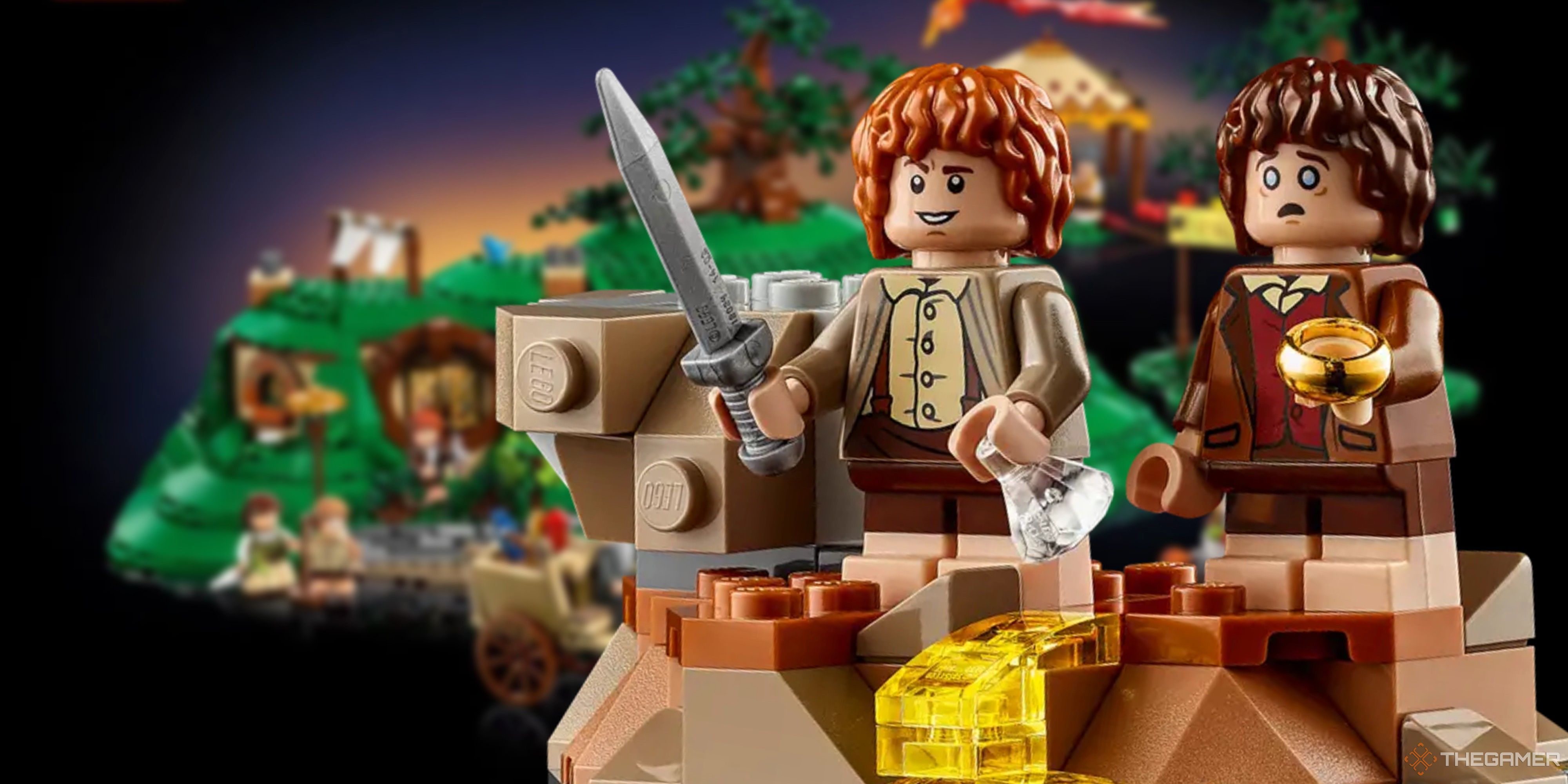 sam and frodo lego minifigures in front of a lego shire set.