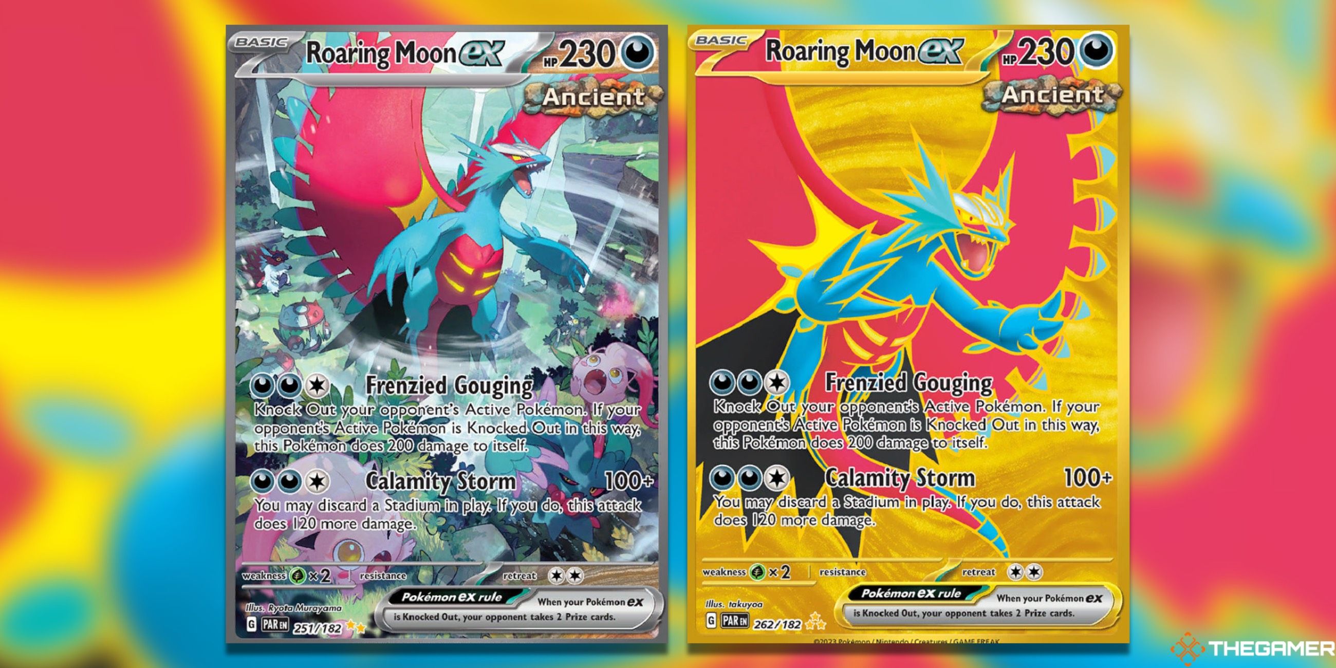 The Roaring Moon SIR and Roaring Moon Hyper Rare from Paradox Rift in the Pokemon TCG.