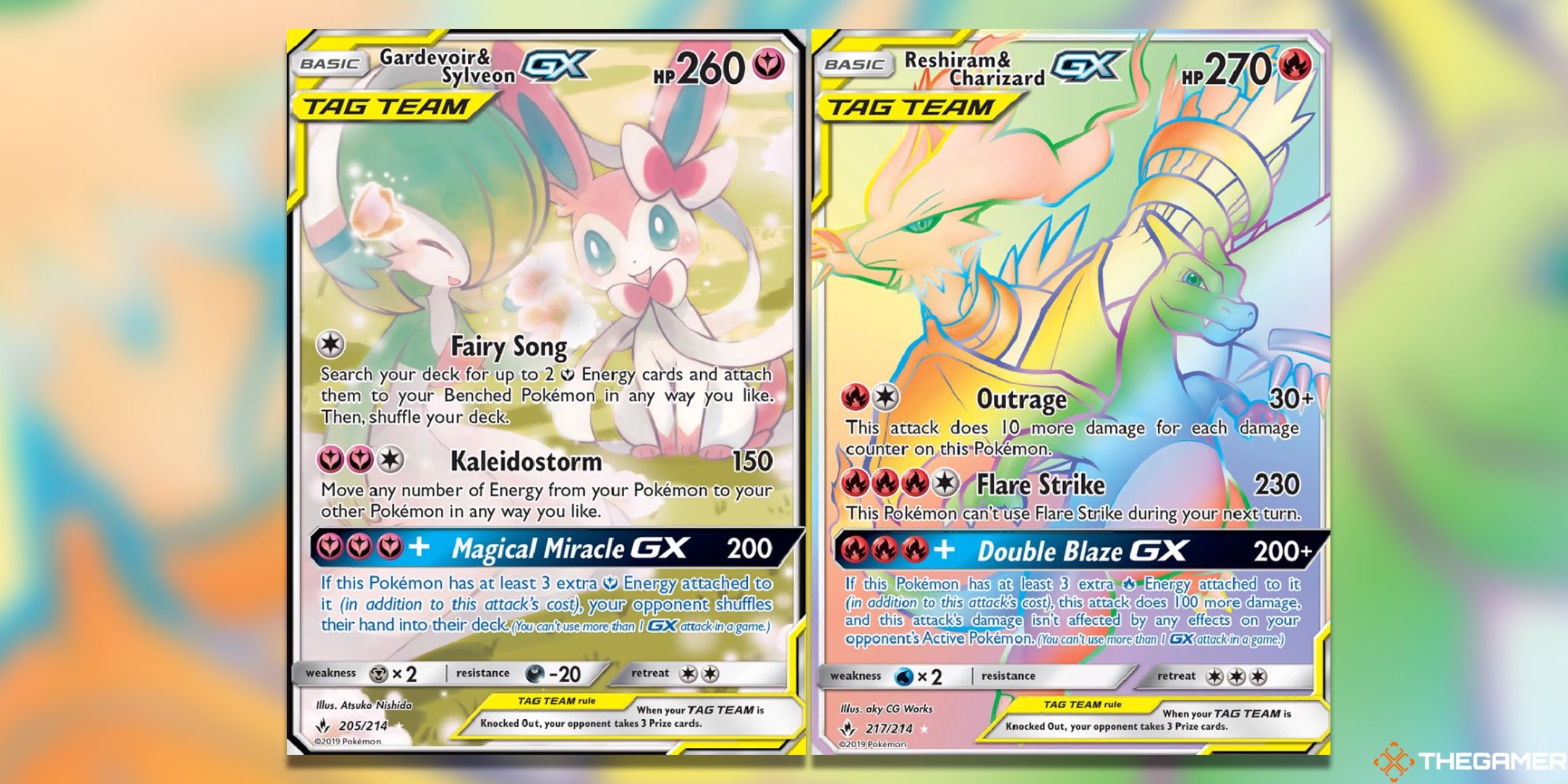 The Gardevoir&Sylveon GX and Reshiram&Charizard GX from Unbroken Bonds in the Pokemon TCG.