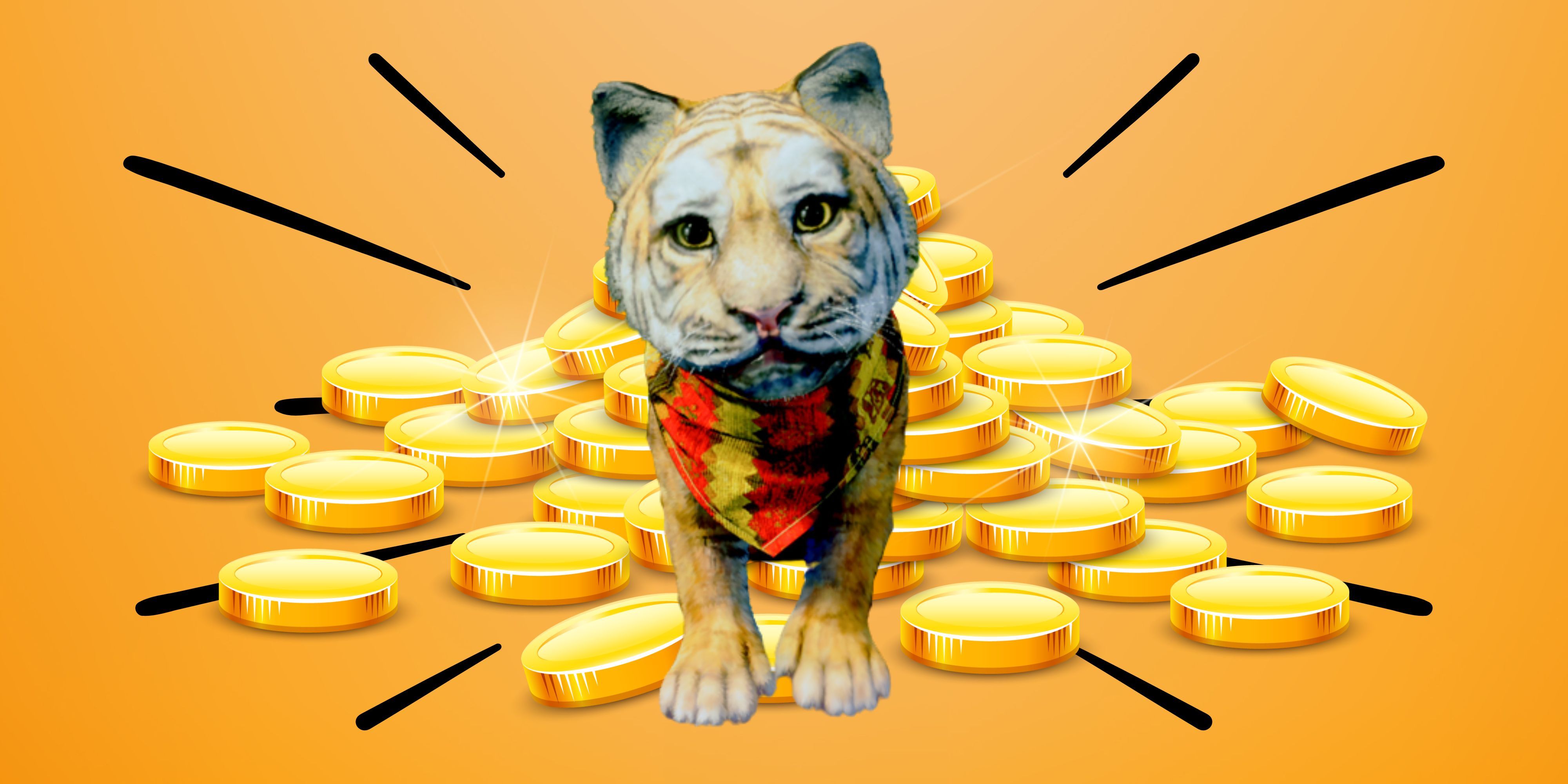 Goro from Pirate Yakuza in front of coins and orange background