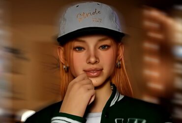 inZOI Character Studio trailer showing a young woman with ginger-y long hair and a white baseball cap smiling, her hand against her chin