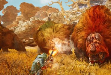 The player in Monster Hunter Wilds firing a ranged weapon at three large, furry, buffalo-lion hybrid monsters.