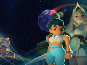 A screenshot shows the pixel art characters of Angeline Era floating through stars.