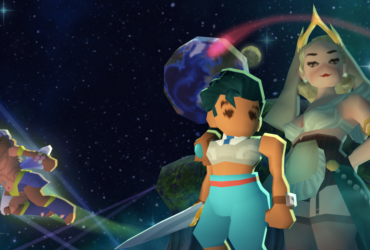 A screenshot shows the pixel art characters of Angeline Era floating through stars.