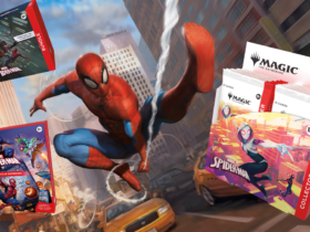 MTG Marvel's Spider-Man set art of Spider-Man swinging in frame, surrounded by MTG Marvel's Spider-Man products