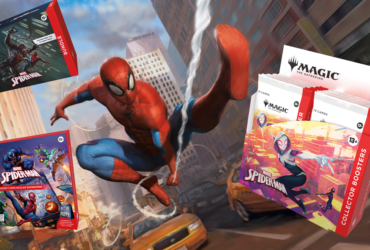 MTG Marvel's Spider-Man set art of Spider-Man swinging in frame, surrounded by MTG Marvel's Spider-Man products