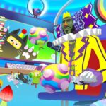 Key art for Katamari Damacy Rolling LIVE showing the Prince rolling a Katamari as the King of All Cosmos sits at a livestreaming setup.
