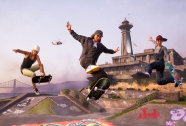 Tony Hawk's Pro Skater 3+4 screenshot showing three skaters performing tricks in mid-air