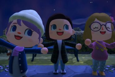 Three girls face the camera with big smiles in Animal Crossing New Horizons