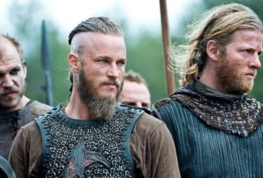 A group of Men wearing armour during the TV show, Vikings.