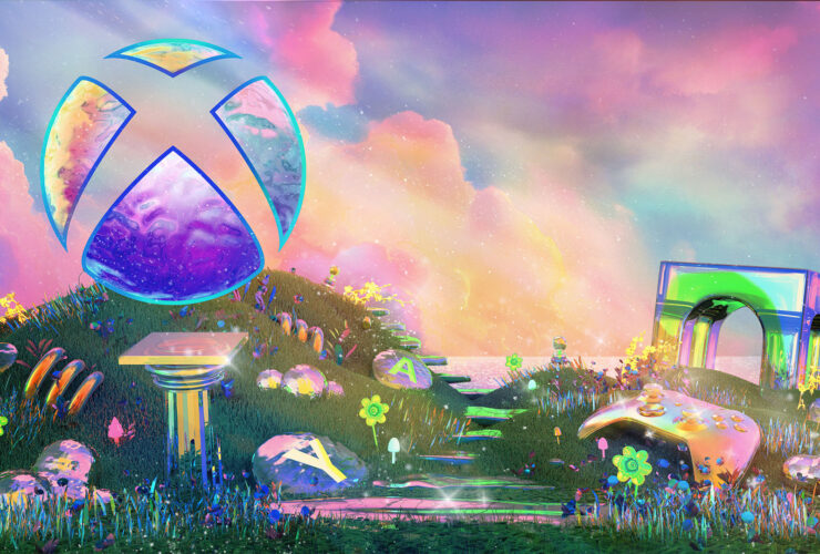 A pastel landscape with grassy hills and the sun reflecting off purple and pink clouds. An Xbox sphere sits in the upper left, reflecting the color of the sky. Iridescent plants, columns, Xbox buttons and an Xbox controller are scattered throughout the grass.