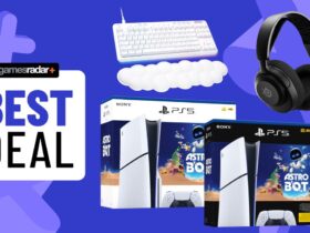 PS5 bundles with Logitech keyboard and SteelSeries headset on a blue background with best deal badge