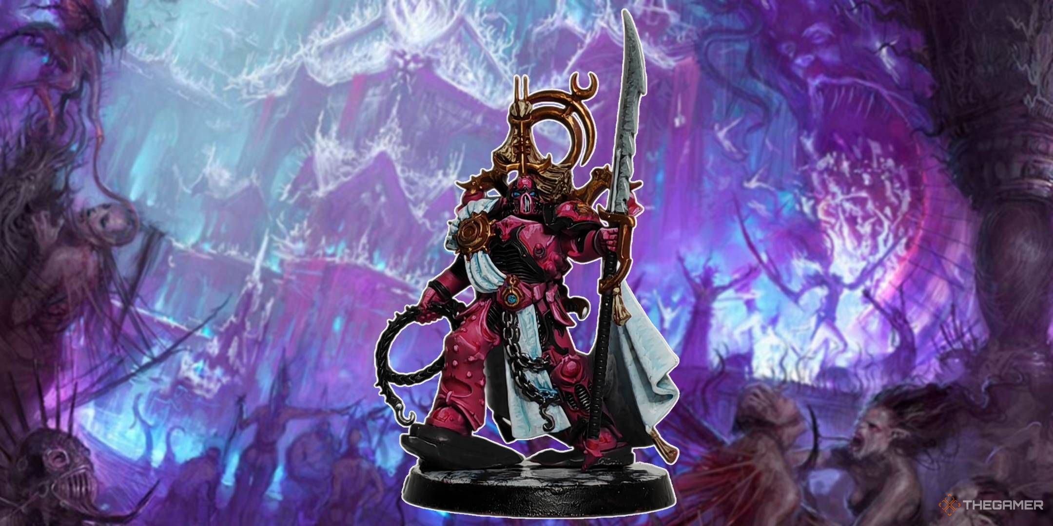 Warhammer 40K Emperor's Children Lord Exultant in front of an extravagant purple artwork of Slaanesh daemons