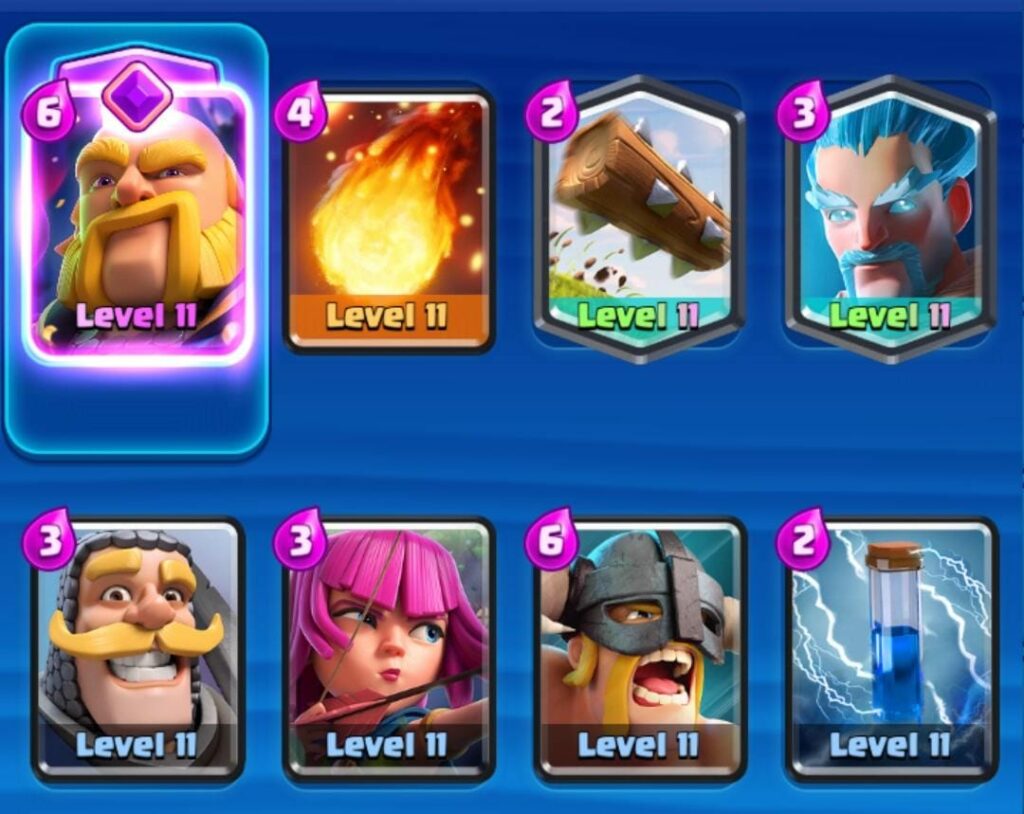 Royal Giant, Archers, Fireball, Ice Wizard, Knight, The Log, Zap, Elite Barbarians