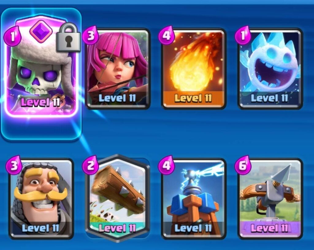 Skeletons, Fireball, X-Bow, Tesla, Ice Spirit, Archers, Knight, The Log