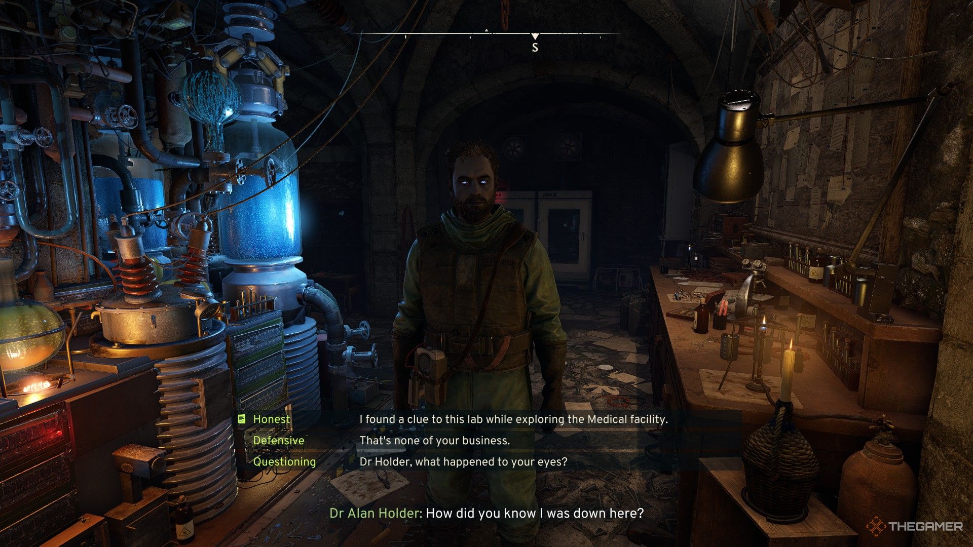 doctor holder interrogates the player while standing next to his device in the church cellar in atomfall.