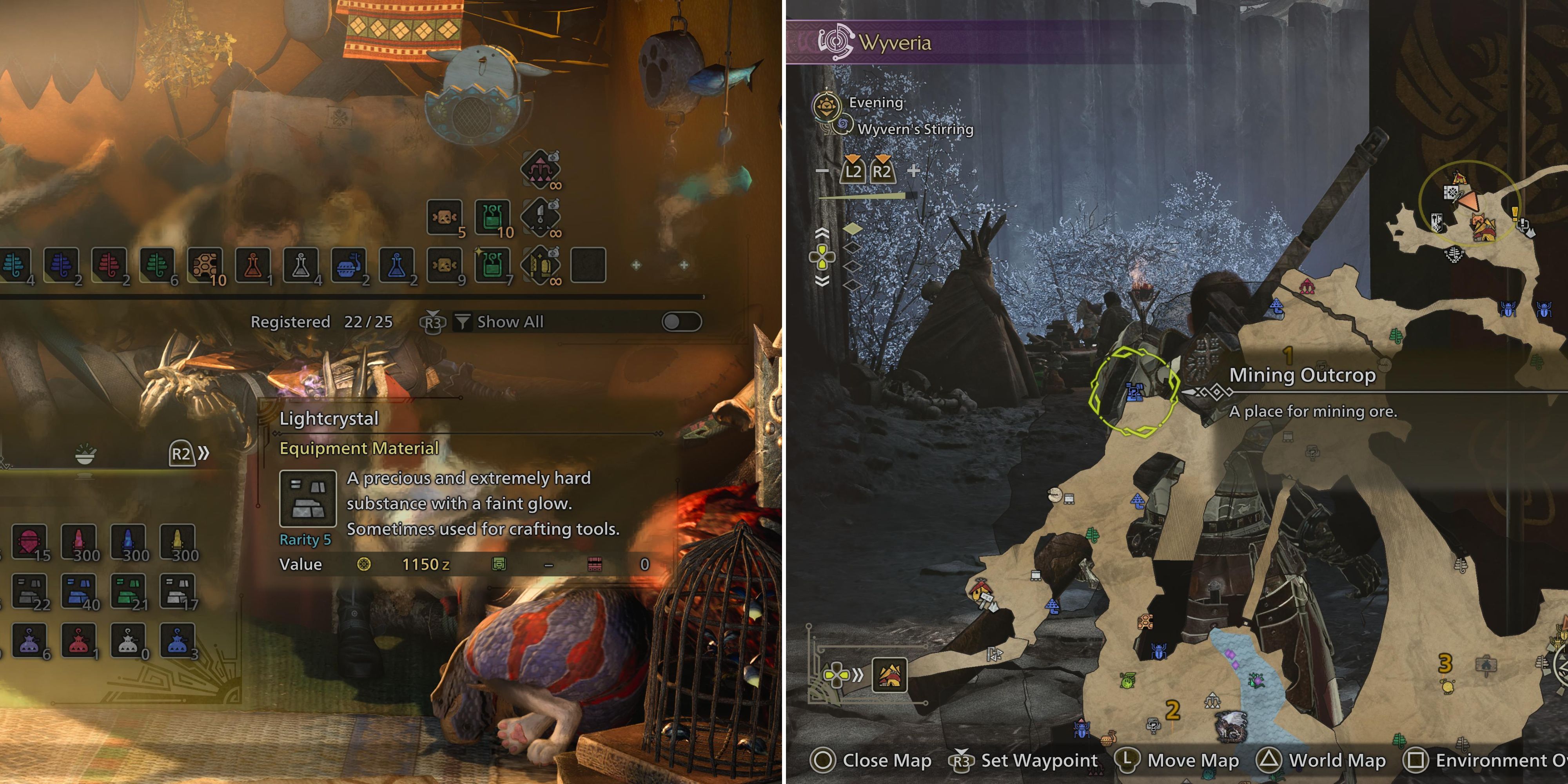 Lightcrystals In The Inventory & A Mining Outcrop On The Map Of Wyveria