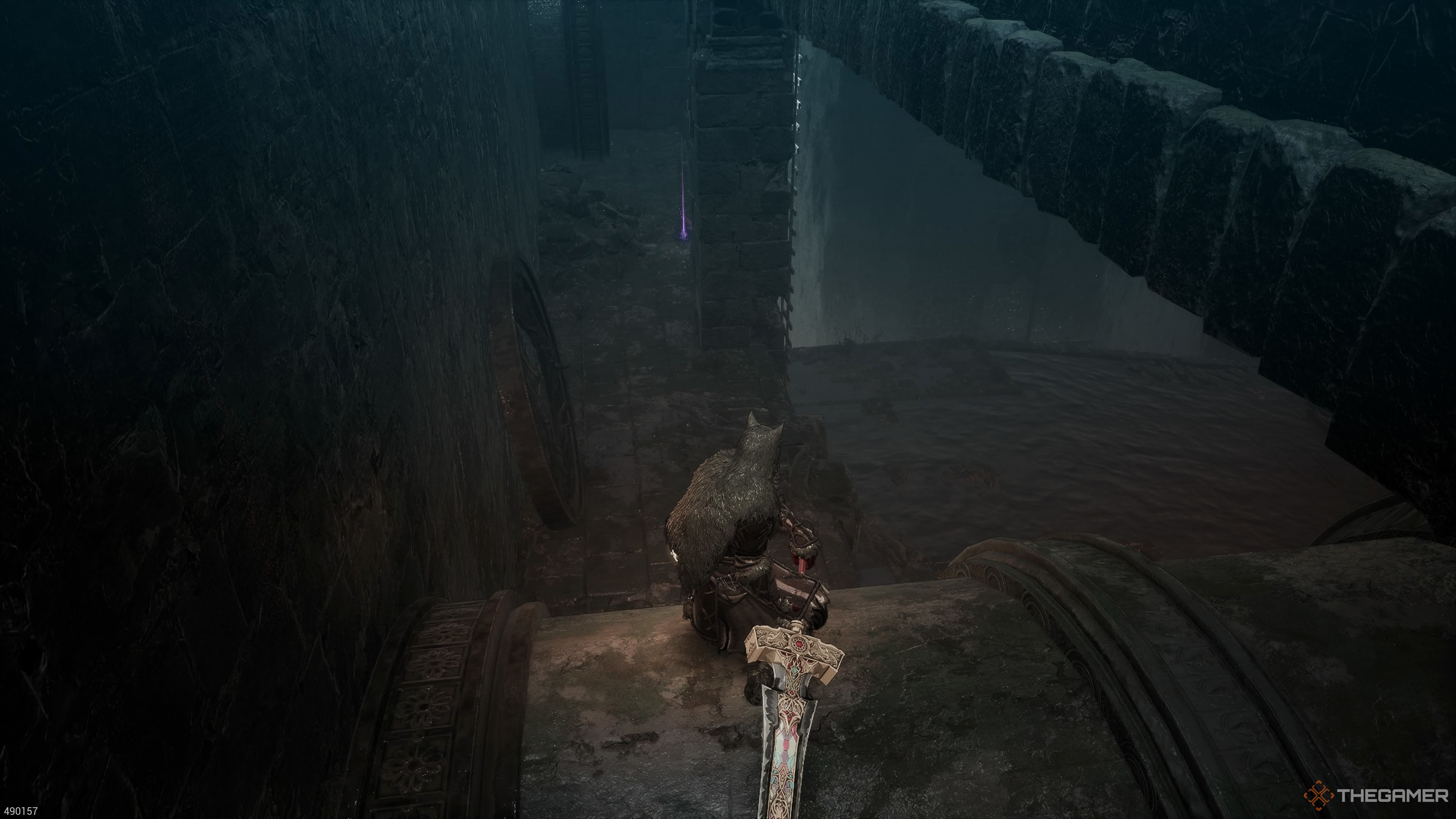 Standing on pipe above the waterway in the Devoured Village section of The First Berserker Khazan.