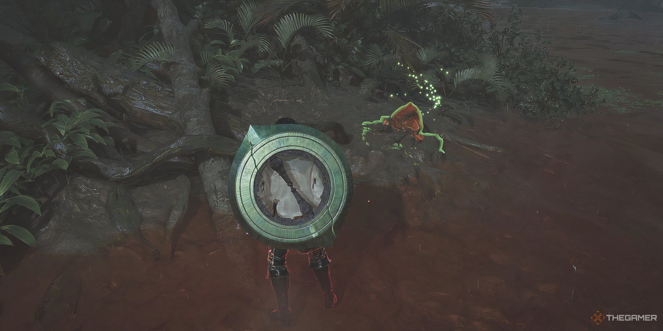 The image shows the Hunter approaching an Amber Shard Deposit in Monster Hunter Wilds.