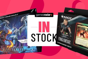 MTG Final Fantasy Bundle: Gift Edition and Limit Break Commander deck box on either side of a 'in stock' GamesRadar+ badge, all against a pink background